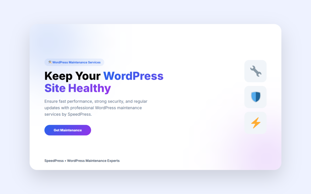 WordPress Maintenance Services banner showing website speed, security, and updates with SpeedPress branding for website care and optimization