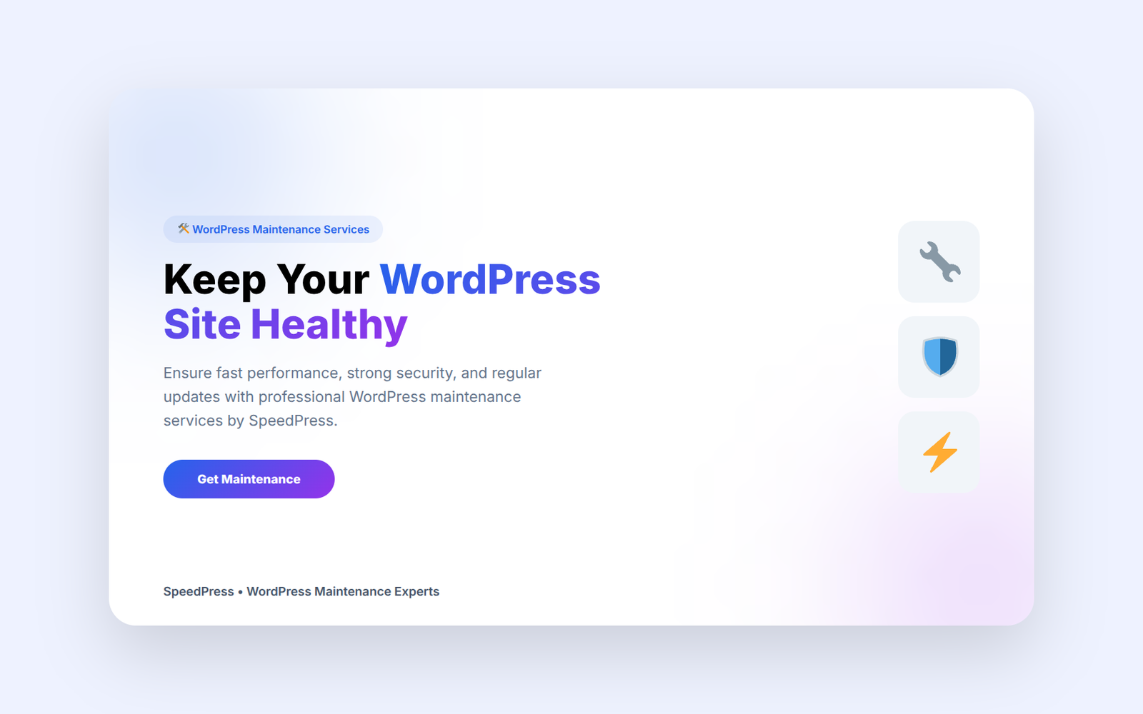 WordPress Maintenance Services banner showing website speed, security, and updates with SpeedPress branding for website care and optimization