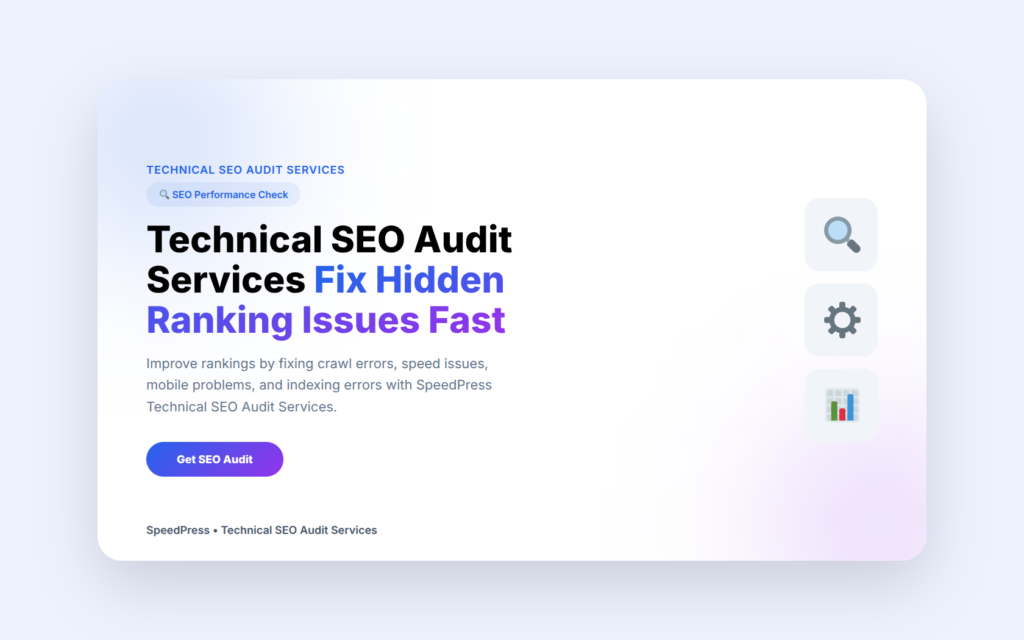 Technical SEO audit services banner showing website issue fixing and ranking improvement by SpeedPress