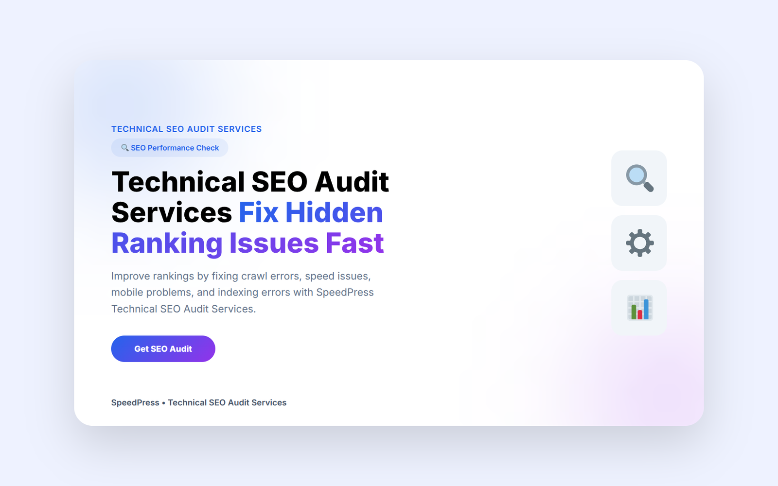 Technical SEO audit services banner showing website issue fixing and ranking improvement by SpeedPress