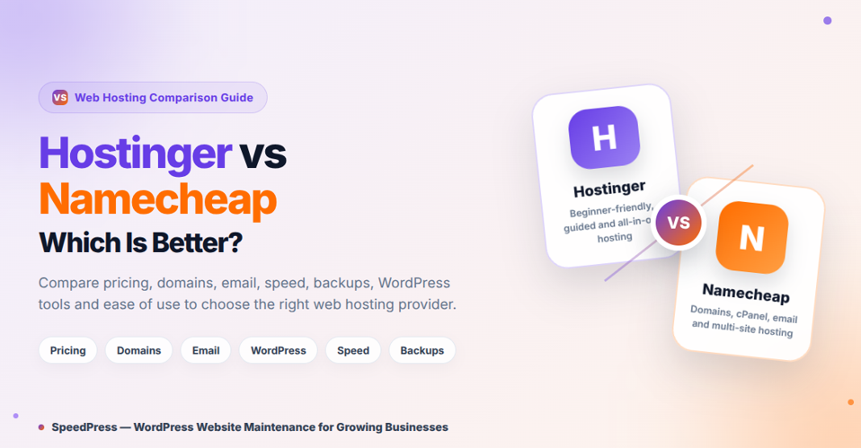 Hostinger vs Namecheap comparison for pricing, domains, email, WordPress, speed and backups