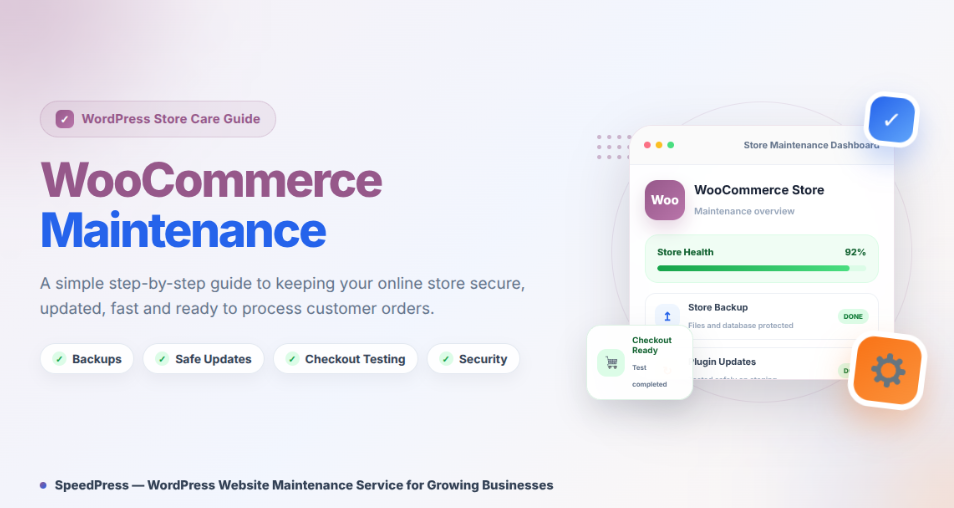 WooCommerce Maintenance guide showing store backups, safe updates, security checks and checkout testing
