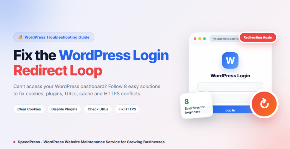 WordPress login redirect loop showing login page, plugins, cache, URLs, and HTTPS fixes