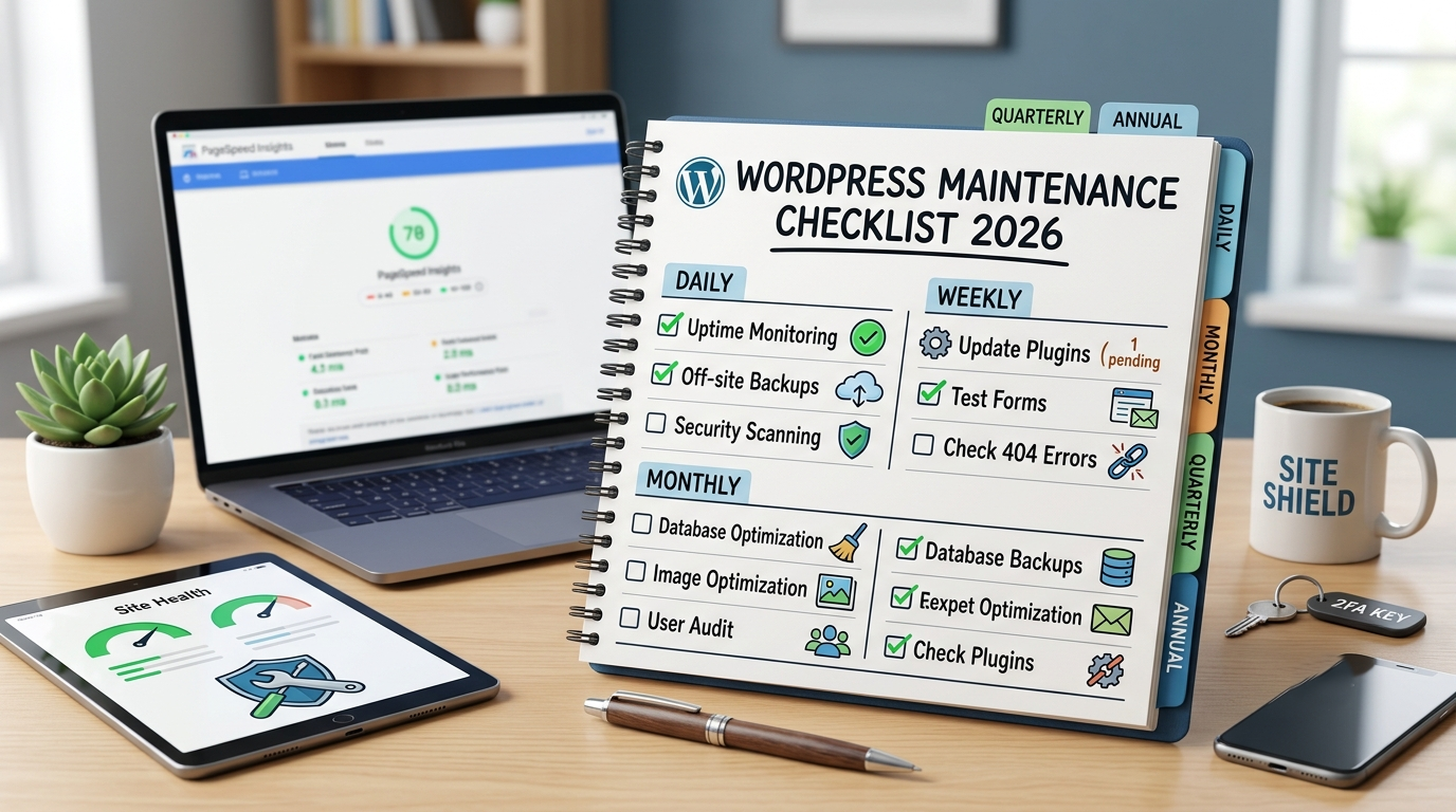 An illustrated feature image for a WordPress maintenance checklist, showing a clock, a mobile phone with a checklist, a secure shield, and a repair wrench.