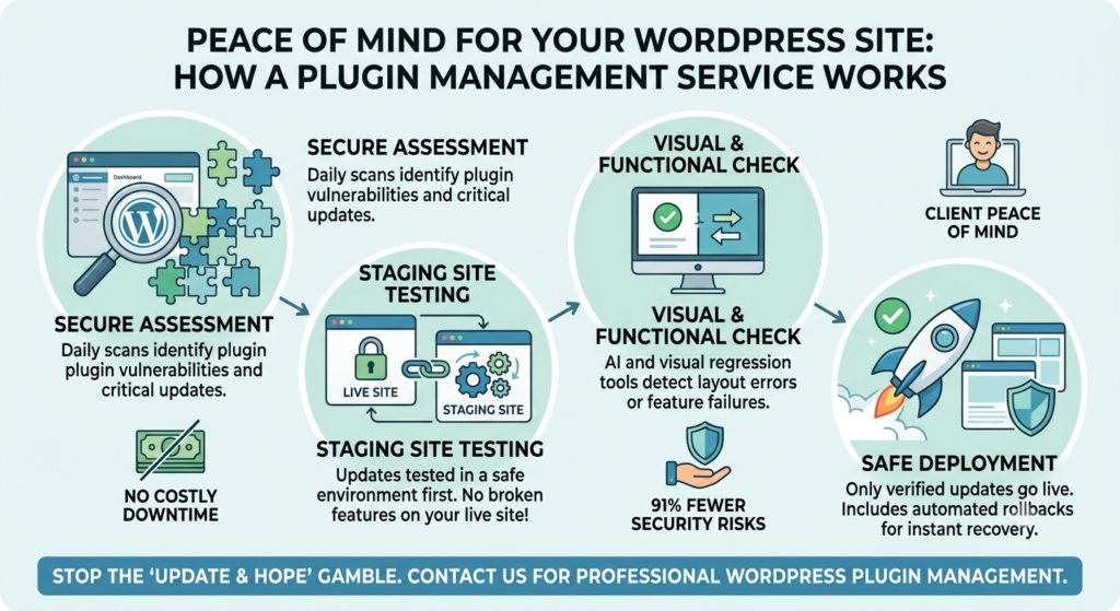 WordPress plugin management service workflow showing safe update automation, staging environments, and visual testing.