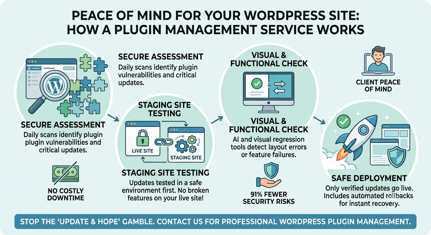 WordPress plugin management service workflow showing safe update automation, staging environments, and visual testing.