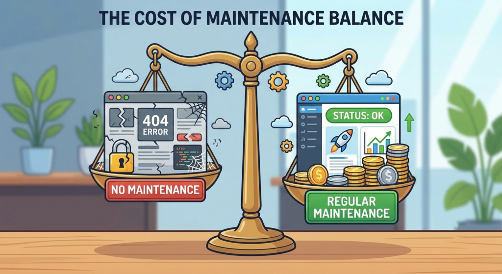 Cartoon balance scale comparing a broken-down website without maintenance to a thriving website with regular maintenance and coins, illustrating the value of maintenance.