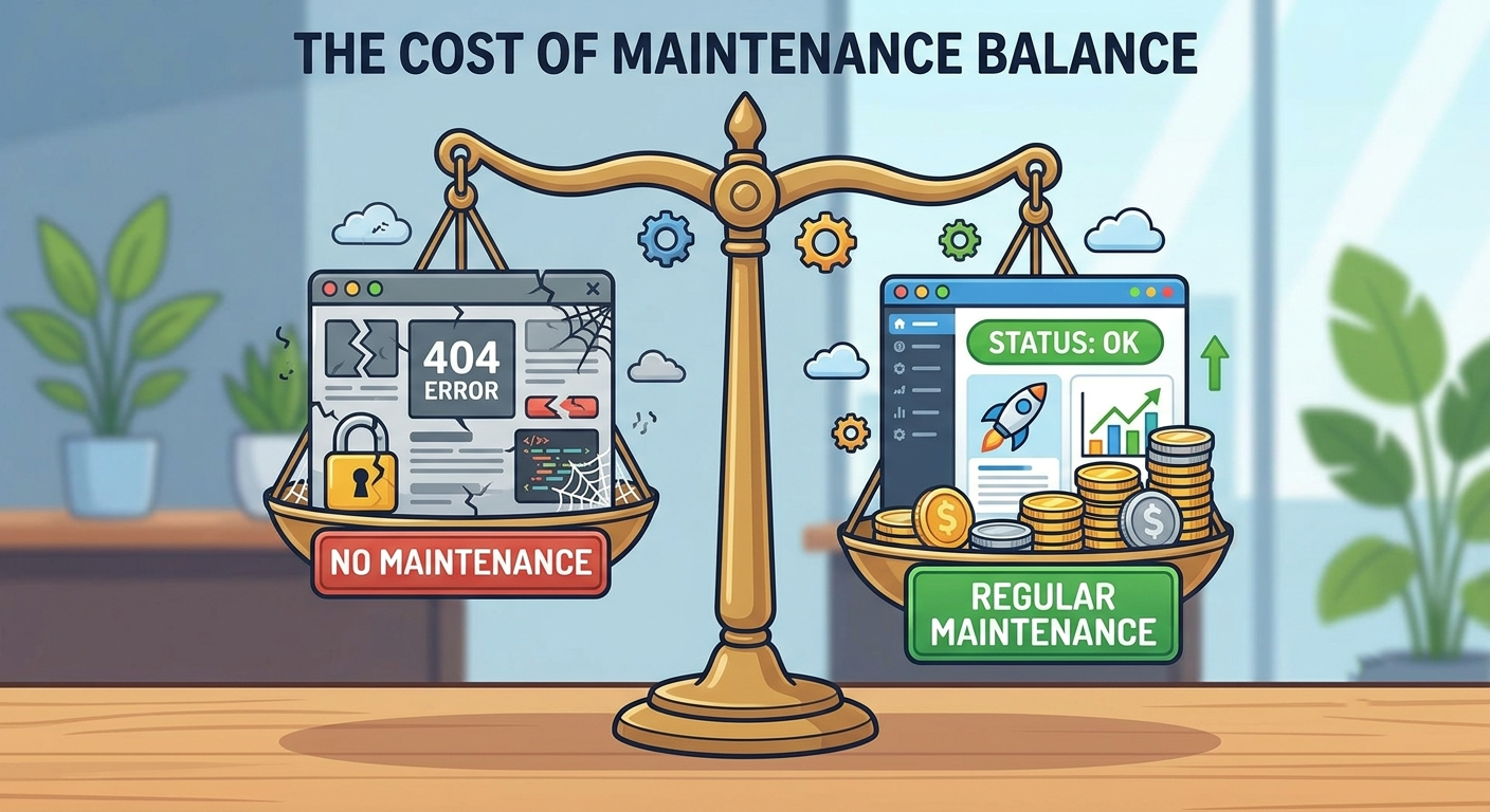 Cartoon balance scale comparing a broken-down website without maintenance to a thriving website with regular maintenance and coins, illustrating the value of maintenance.