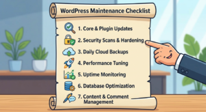 a comprehensive WordPress maintenance checklist with icons for security, updates, and speed, highlighting the key components of maintenance.