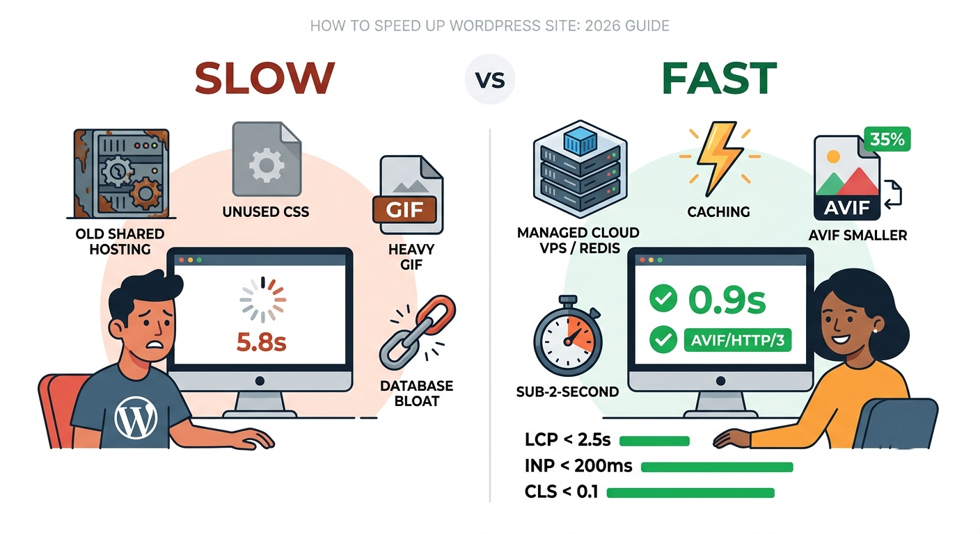 A technical infographic comparing a slow WordPress site (5.8s load, shared hosting, heavy assets) versus a fast WordPress site (0.9s load, managed cloud VPS, AVIF, HTTP/3, Redis caching). It highlights key 2026 speed metrics including LCP and INP.