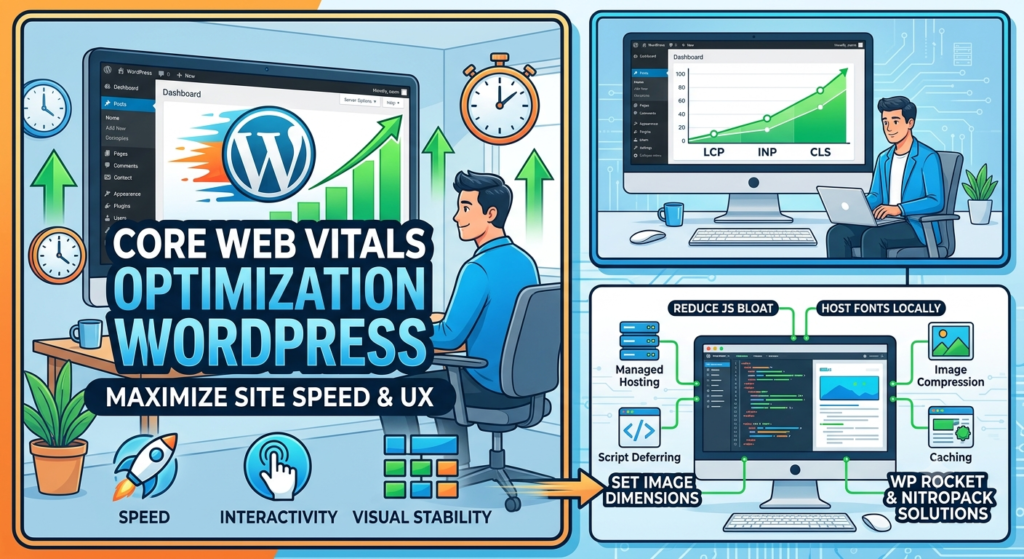 Core Web Vitals optimization WordPress guide showing dashboard metrics for speed, interactivty, and visual stability