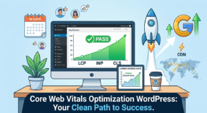 Core Web Vitals optimization WordPress workflow illustrating green passing metrics and a launching rocket.