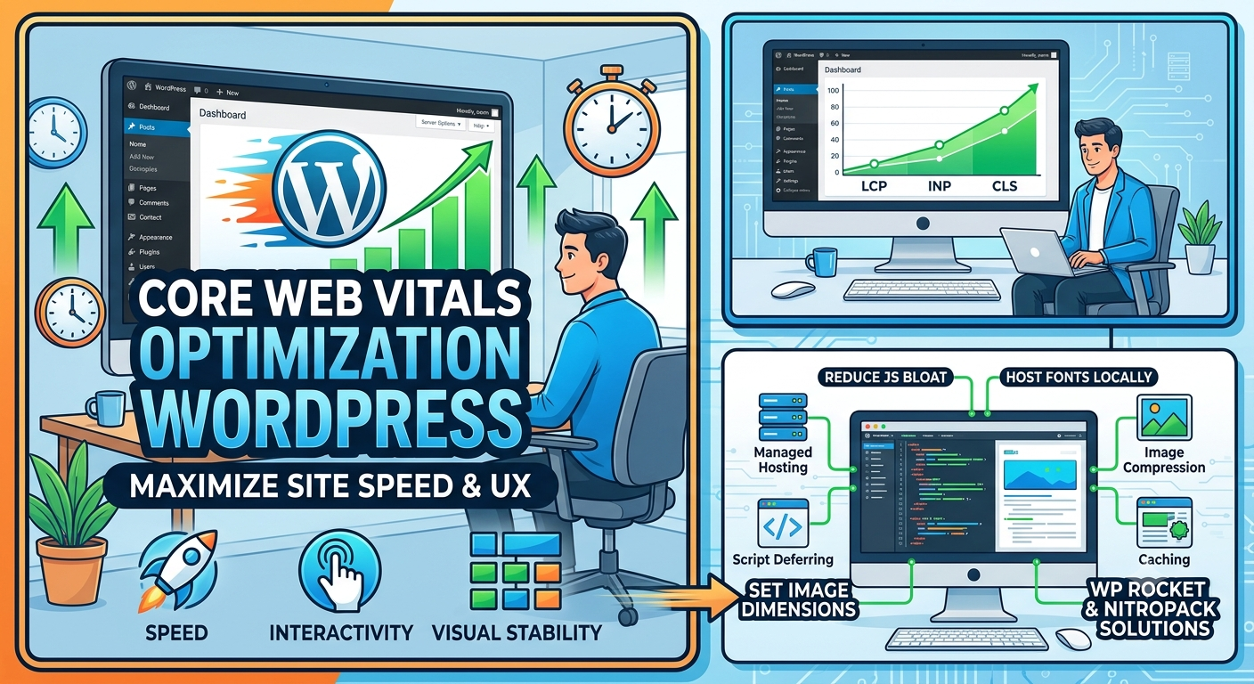 Core Web Vitals optimization WordPress guide showing dashboard metrics for speed, interactivty, and visual stability