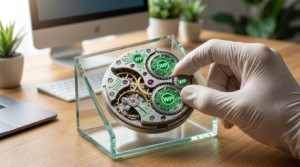 A close-up photograph of a technician’s hand finely tuning a complex mechanical gear system laser-etched with 'WP CACHING' symbols, representing technical precision in WordPress speed optimization, using soft natural light on a light wooden desk.